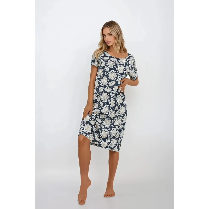 Chemise nuit féminine coton hypoallergénique doux respirant coupe droite longueur genoux décolleté rond manches courtes imprimé floral bleu marine confortable