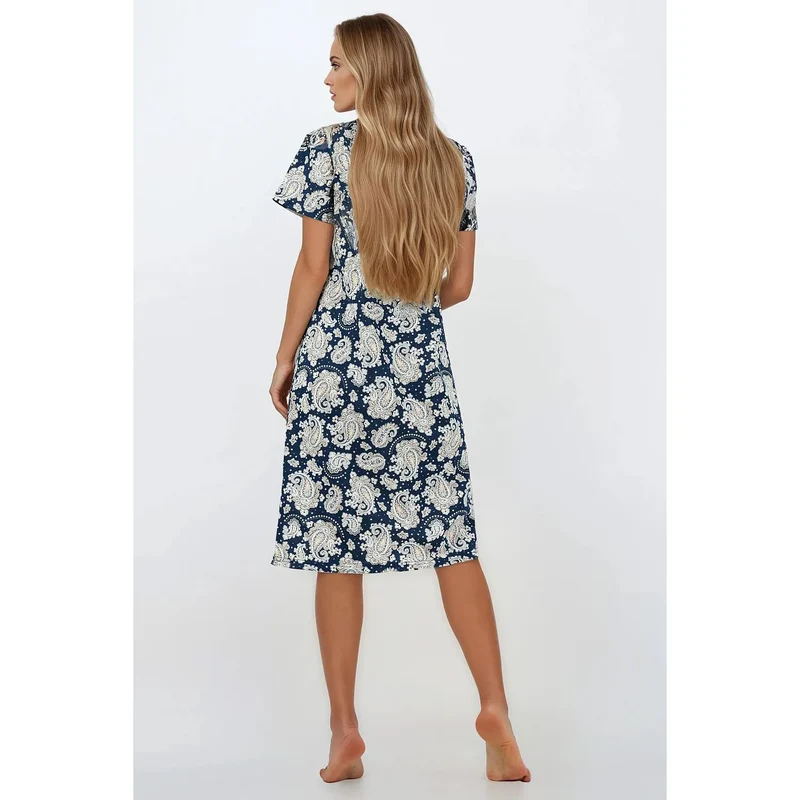 Chemise nuit féminine coton hypoallergénique doux respirant coupe droite longueur genoux décolleté rond manches courtes imprimé floral bleu marine confortable