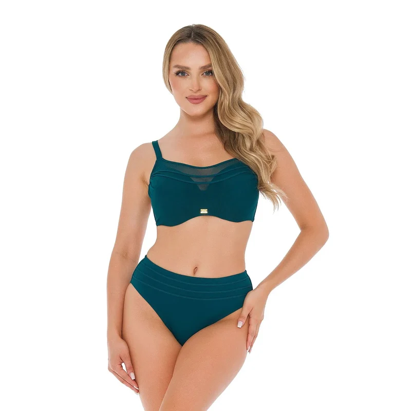 maillot bain deux pièces élégance confort femme sans armature bretelles ajustables maille transparente décolleté culotte taille haute bleu canard