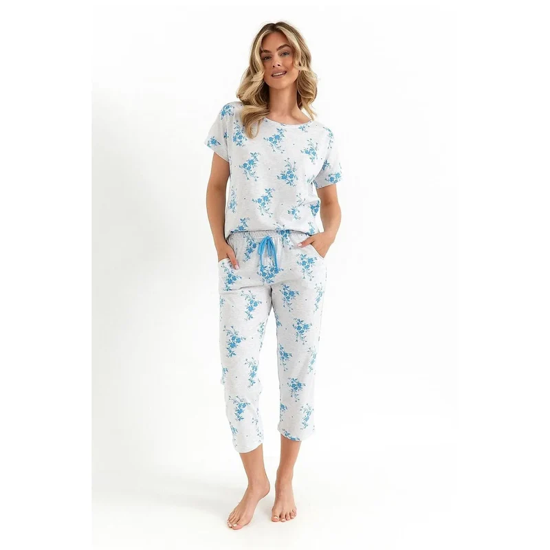 Pyjama femme confort élégance tissu doux motif floral bleu coupe ample poches pratiques taille élastique cordon de serrage longueur 3/4 détente NUIT lingerie comfortable
