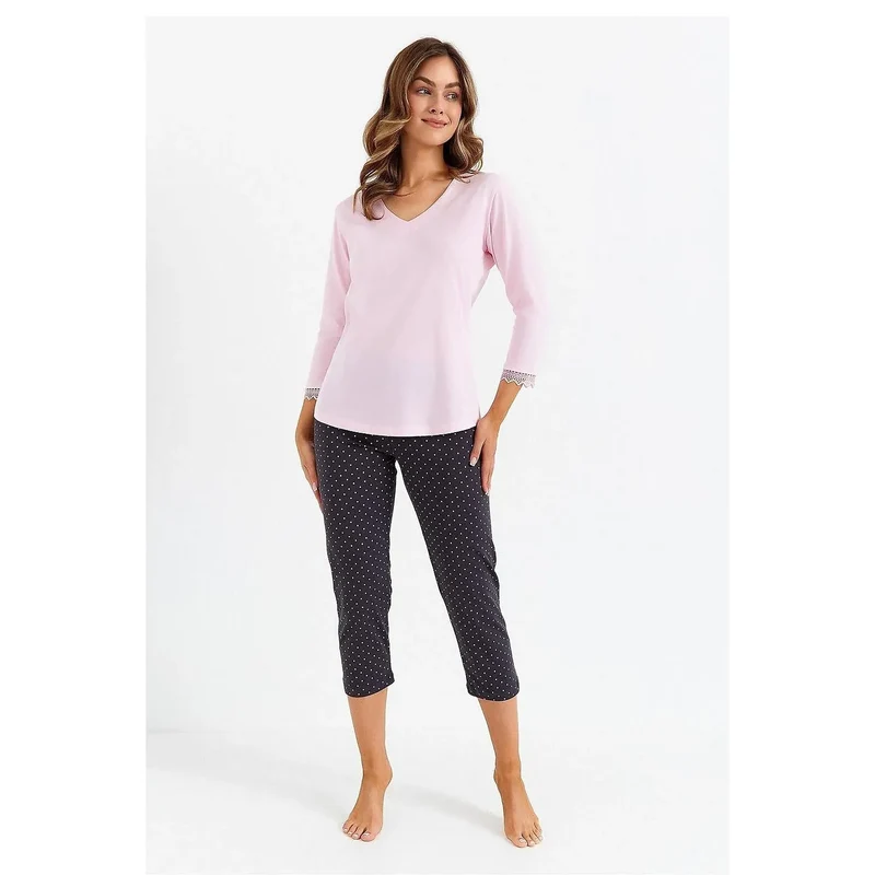 Pyjama élégant pour femme en dentelle et soie, pyjama sexy confortable à manches longues, pantalon noir à pois, lingerie féminine intime
