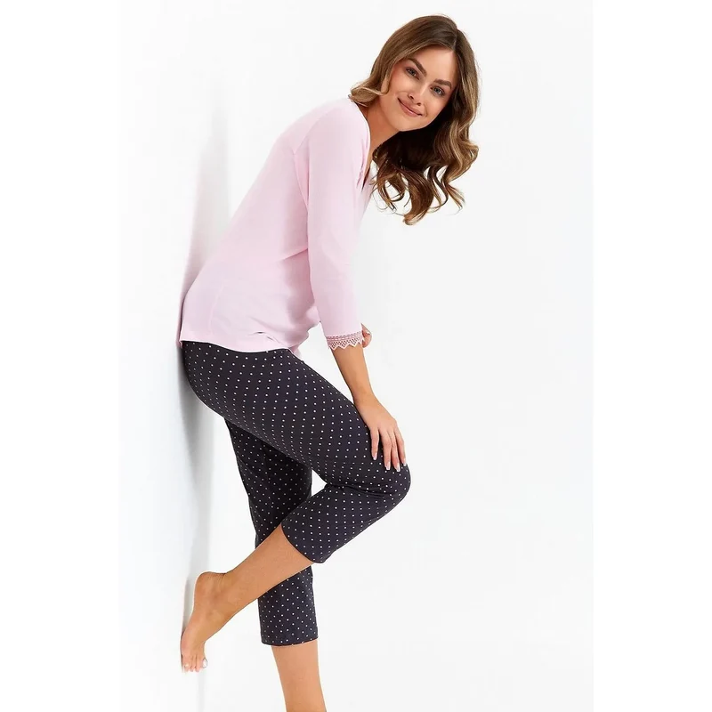 Pyjama élégant pour femme en dentelle et soie, pyjama sexy confortable à manches longues, pantalon noir à pois, lingerie féminine intime