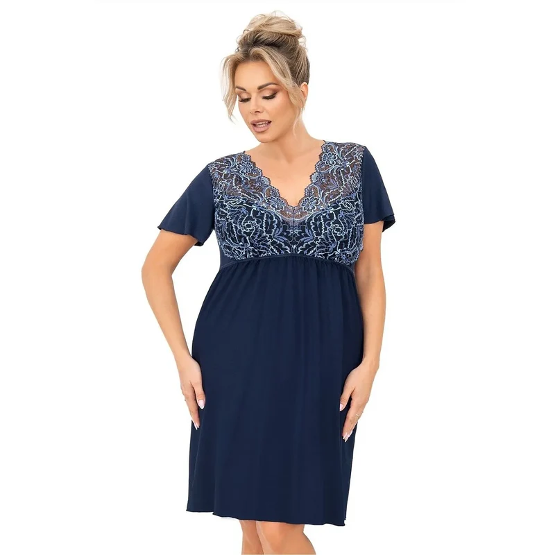 Chemise de nuit élégante pour femme volumineuse en viscose douce, décolleté en V, dentelle, taille empire, couleur marine, confort maximal, nuit relaxante, style raffiné