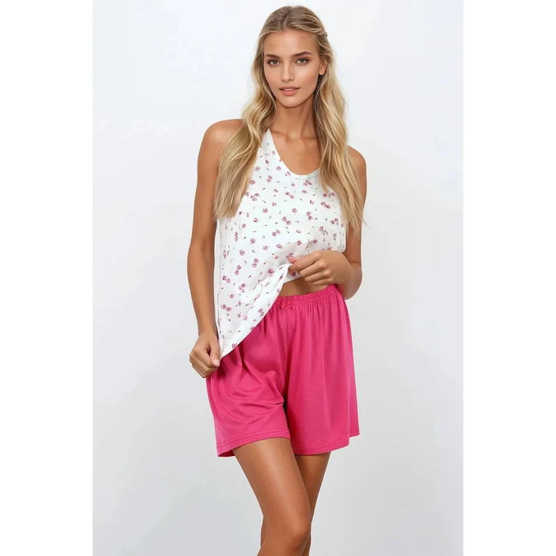 pyjama deux pièces floral rose doux confortable détente nuit débardeur sans manches short taille élastique tissu léger hypoallergénique peau sensible