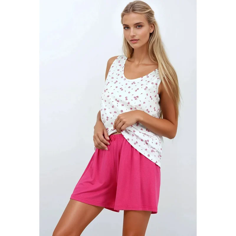 pyjama deux pièces floral rose doux confortable détente nuit débardeur sans manches short taille élastique tissu léger hypoallergénique peau sensible