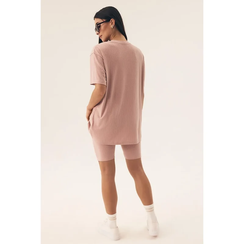 Pyjama femme confort élégance côtelé doux aéré ajustement parfait décolleté semi-circulaire leggings genouveau élastique rose nude modern