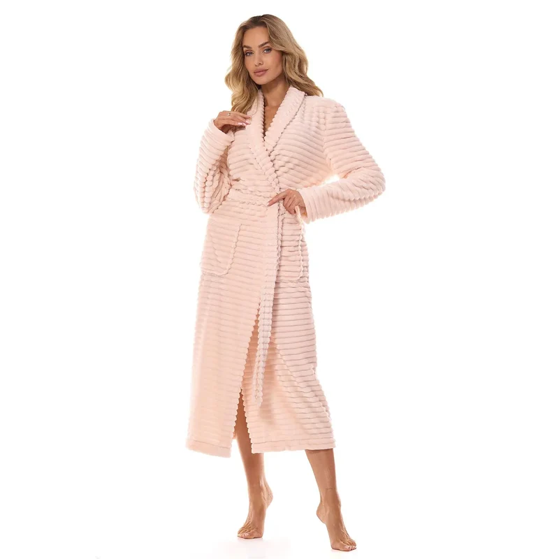 Peignoir femme élégant en polyester 100% L&L collection 217115 rayures horizontales rose longues manches ceinture poches détente maison relaxation lingerie sexy