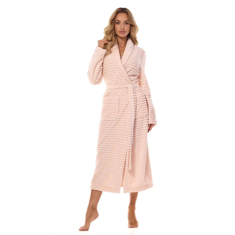 Peignoir femme élégant en polyester 100% L&L collection 217115 rayures horizontales rose longues manches ceinture poches détente maison relaxation lingerie sexy