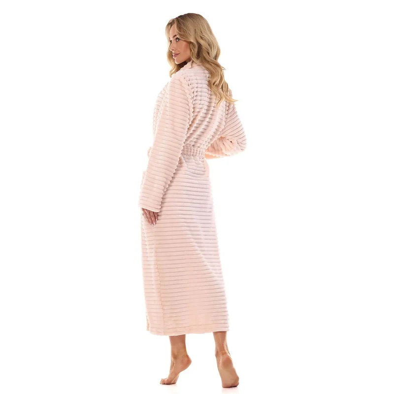 Peignoir femme élégant en polyester 100% L&L collection 217115 rayures horizontales rose longues manches ceinture poches détente maison relaxation lingerie sexy