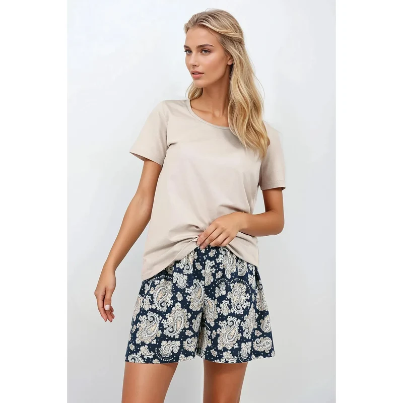 pyjama femme certifié hypoallergénique naturel doux confortable élégant féminin haut ample col rond manches courtes short imprimé taille élastique