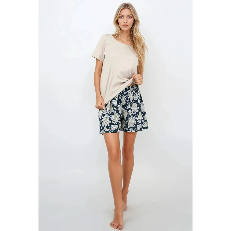 pyjama femme certifié hypoallergénique naturel doux confortable élégant féminin haut ample col rond manches courtes short imprimé taille élastique