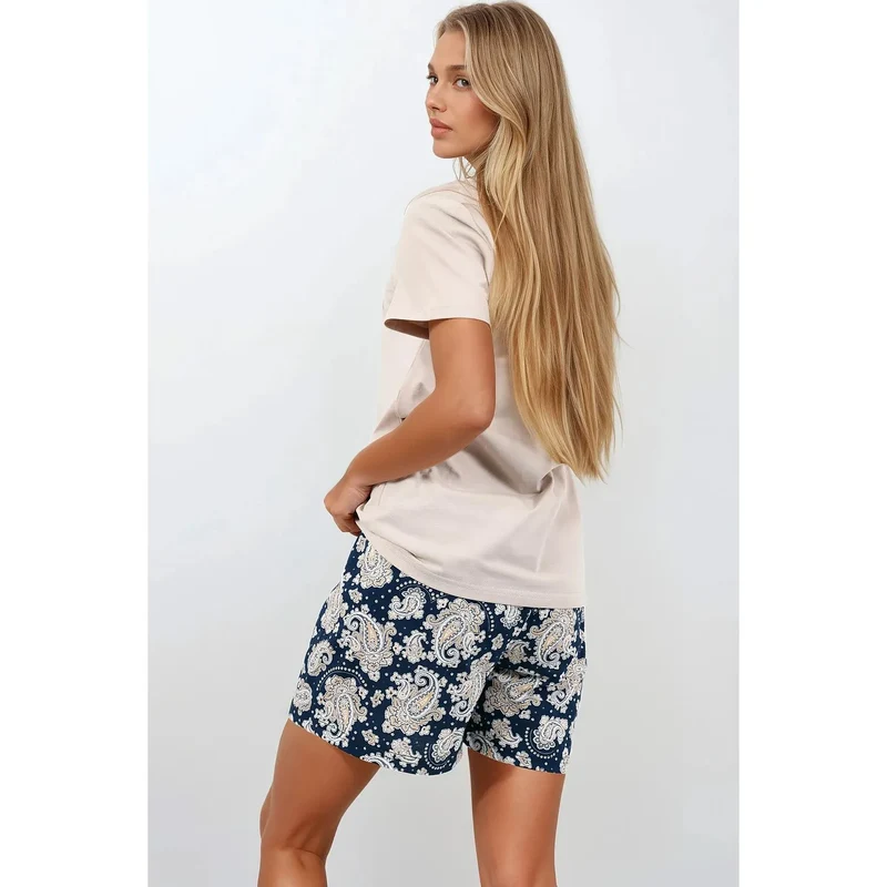 pyjama femme certifié hypoallergénique naturel doux confortable élégant féminin haut ample col rond manches courtes short imprimé taille élastique