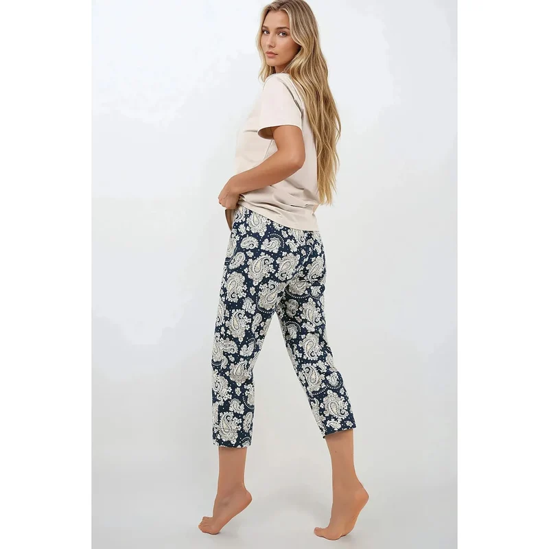 Pyjama femme élégant 2 pièces coupe ample confortable matériaux naturels respirables col rond manches courtes pantalon 7/8 taille élastique sans poches