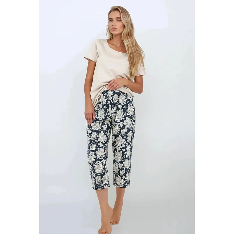 Pyjama femme élégant 2 pièces coupe ample confortable matériaux naturels respirables col rond manches courtes pantalon 7/8 taille élastique sans poches