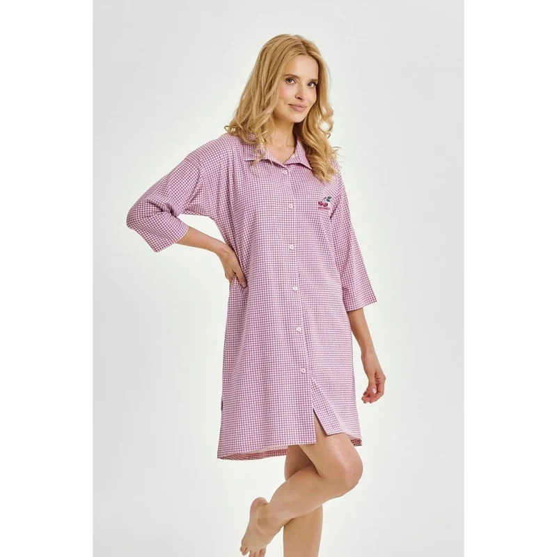 Chemise de nuit Vichy rose et blanc en coton 100% confort ample manches 3/4 col classique broderie cerise lingerie élégante intime