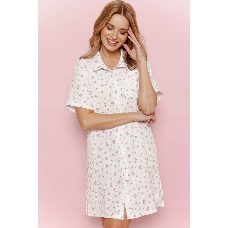 Chemise de nuit élégante en coton 100% motif floral court manches col classique boutons poche romantique
