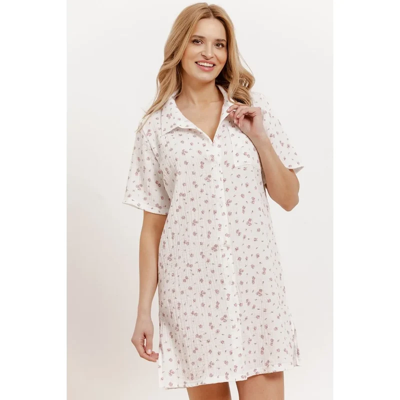 Chemise de nuit élégante en coton 100% motif floral court manches col classique boutons poche romantique