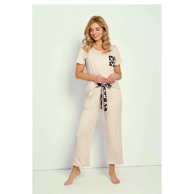 pyjama femme viscose douce imprimé léopard Taro confort détente manches courtes pantalon long taille élastique cordon serrage coupe ample élégant