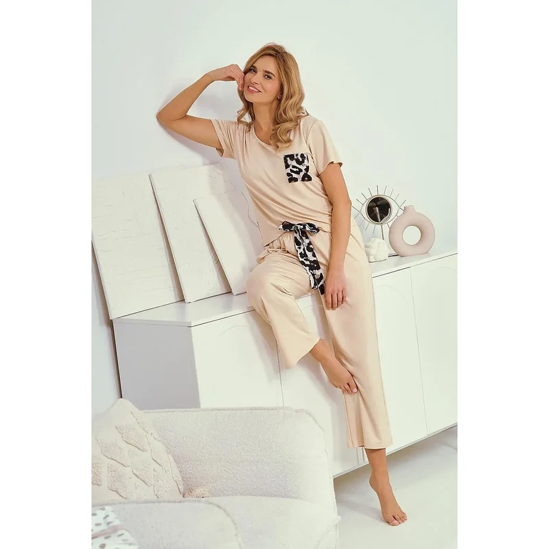 pyjama femme viscose douce imprimé léopard Taro confort détente manches courtes pantalon long taille élastique cordon serrage coupe ample élégant