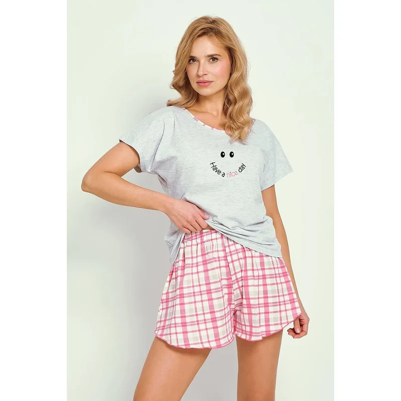 Pyjama féminin confortable Taro modèle 216248 coton élasthanne respirant manchescourtes shorts carreaux roses col contrastant impression motifs yeux ample