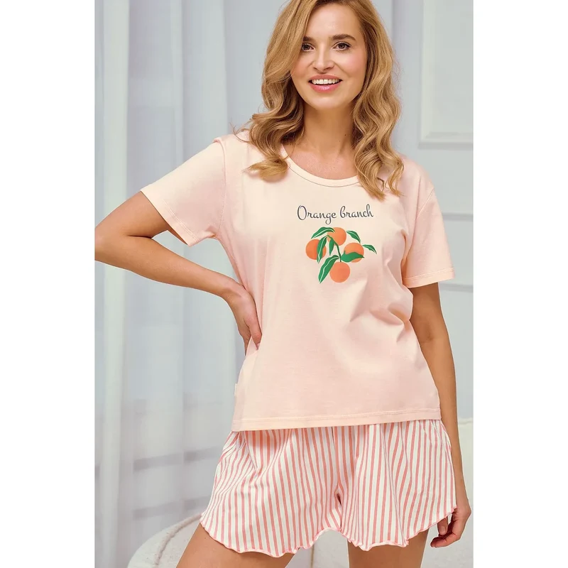 Pyjama femme légère et confortable model 216244 Taro t-shirt manches courtes col rond design Orange Branch short élastique rose pâle vert orange