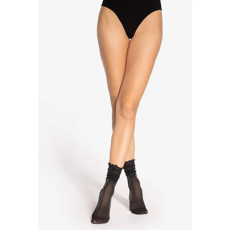 chaussettes transparentes noires nylon polyester mélange brillant volant subtil bord élastique maintien confortable cheville scintillant métallique