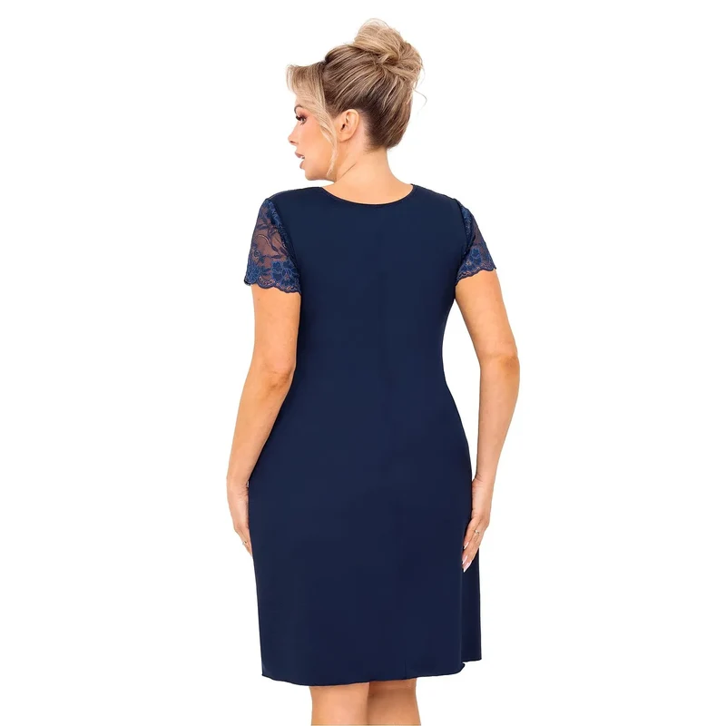 Chemise nuit sensuelle grande taille buste généreux dentelle bleu marine décolleté plongeant élastique maintien manches courtes fluide genou respirant élégante