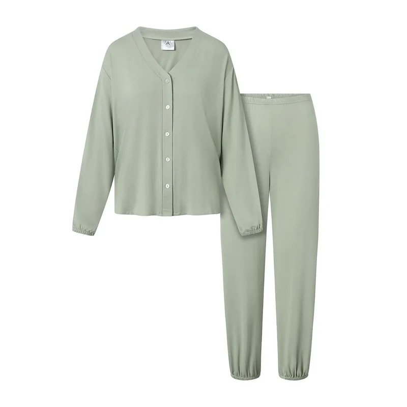 Pyjama élégante pour femme en vert pastel 2 pièces chemise pantalon ample élastique confortable homewear détente intime romantique
