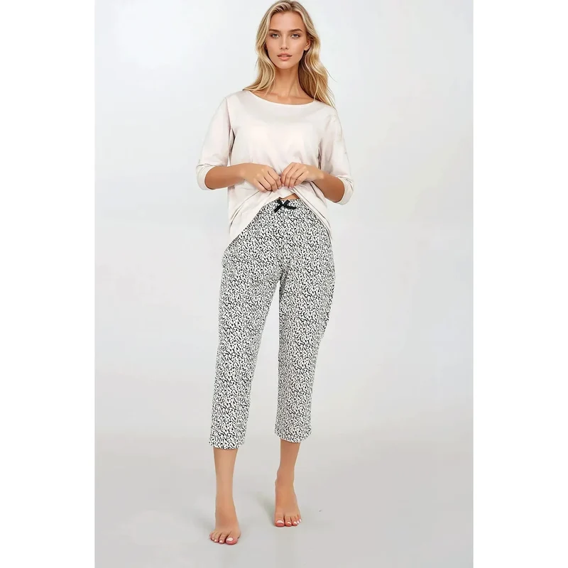 Pyjama femme deux pièces confortable élégant manches trois quarts volants pantalon longueur chevilles taille élastique doux respirant hypoallergénique
