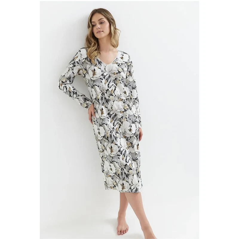Chemise de nuit élégante pour femme décolleté en pointe dentelle longueur au-dessus du genou manches longues confort et style intime