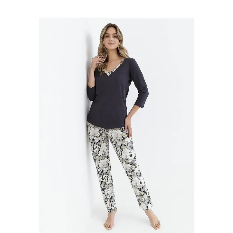 Pyjama femme confortable style élégant motif floral coton élasthanne pantalon taille élastique chemisier manches 3/4
