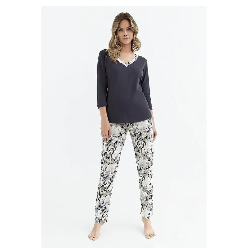 Pyjama femme confortable style élégant motif floral coton élasthanne pantalon taille élastique chemisier manches 3/4