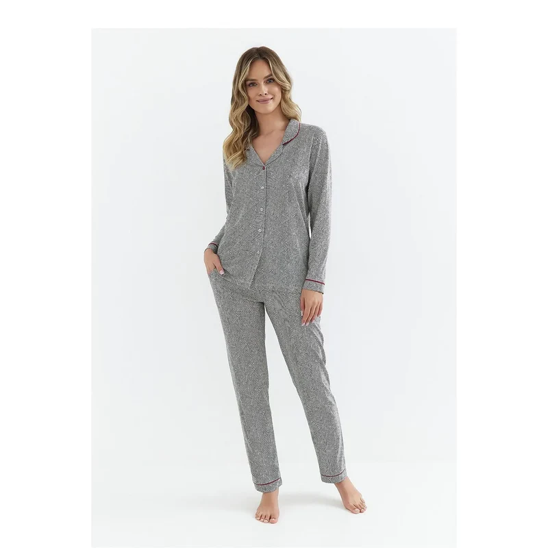 pyjama femme élégance confort nuits douces classique manches longues pantalon long tissu doux col V poches latérales gris chevrons raffiné