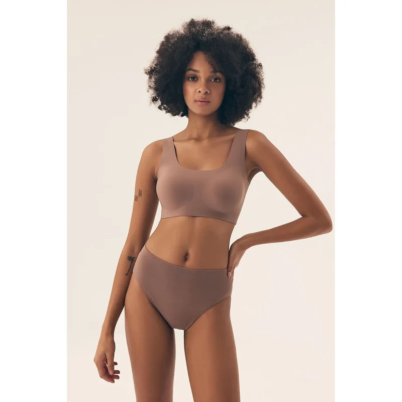 Lingerie sexy seamless wireless high-waisted panties bra set soft brown neutral color daily wear comfort support