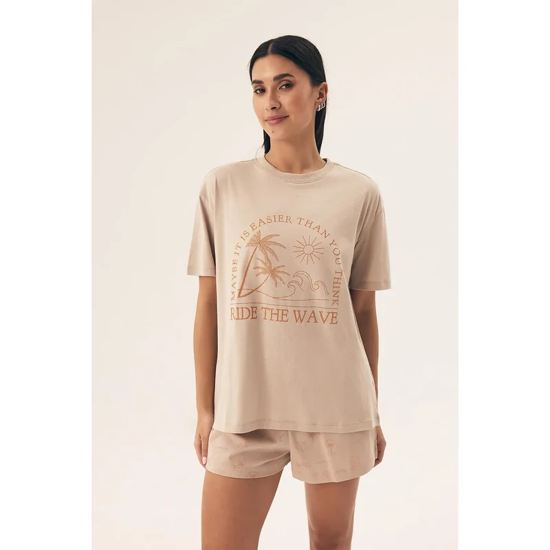 Pyjama Henderson 212009 élégance intemporelle coton 100% t-shirt manches courtes col rond short imprimé beach wave design détente maison cadeau