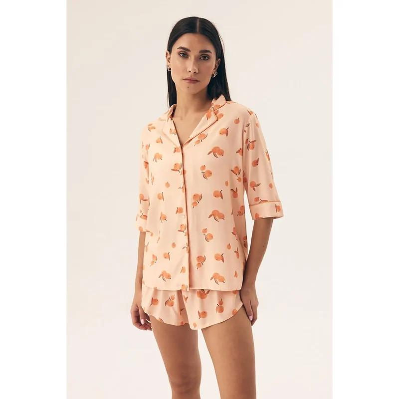 Pyjama Henderson 212008 élégant pour femme chemisier manches courtes short imprimé fruits pêche satin doux confort nuits chaudes