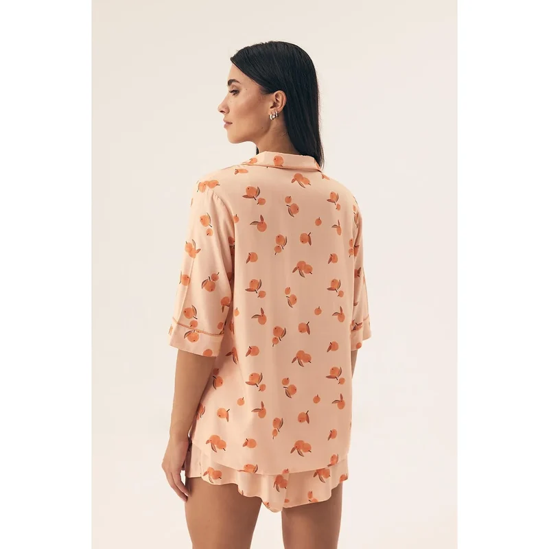 Pyjama Henderson 212008 élégant pour femme chemisier manches courtes short imprimé fruits pêche satin doux confort nuits chaudes