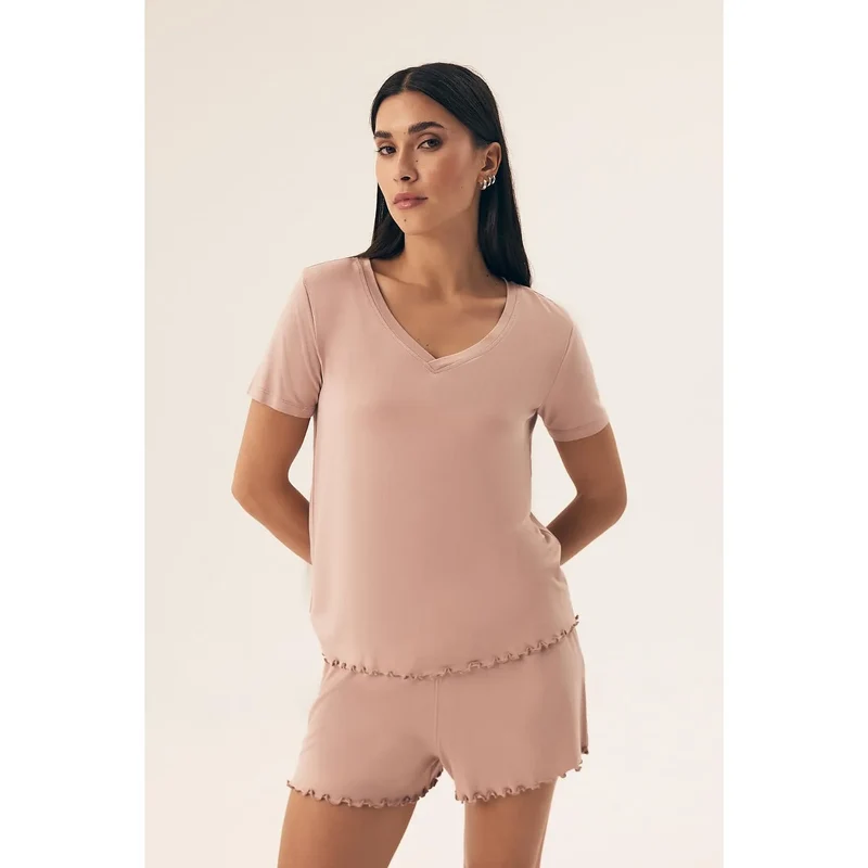 Pyjama Henderson femme élégant confortable soyeux viscose élasthanne respirant manchescourtes colV broderie short ceintureélastique ajusté léger nuitchaude