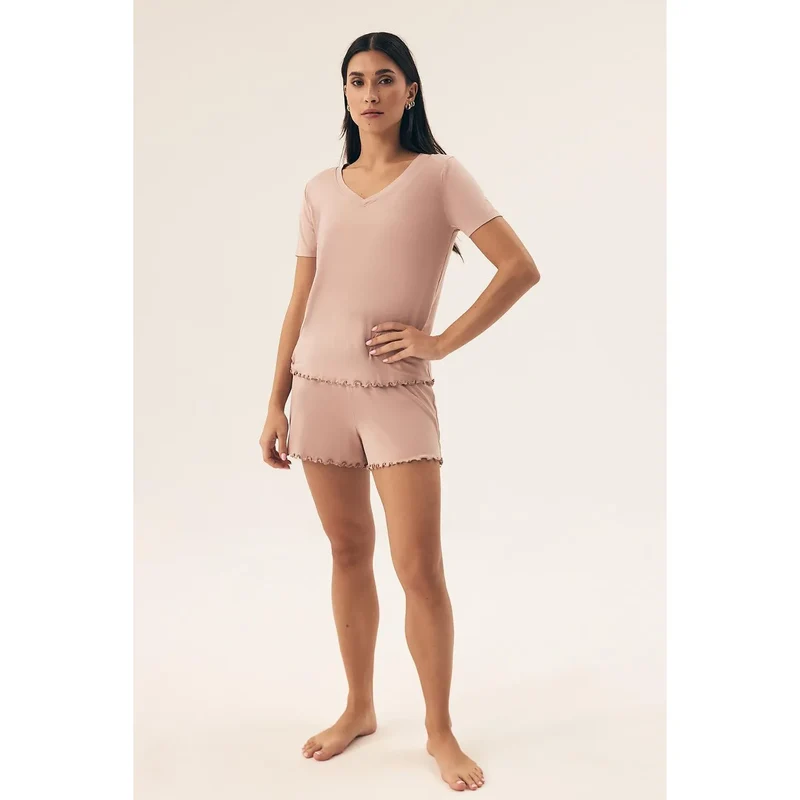 Pyjama Henderson femme élégant confortable soyeux viscose élasthanne respirant manchescourtes colV broderie short ceintureélastique ajusté léger nuitchaude