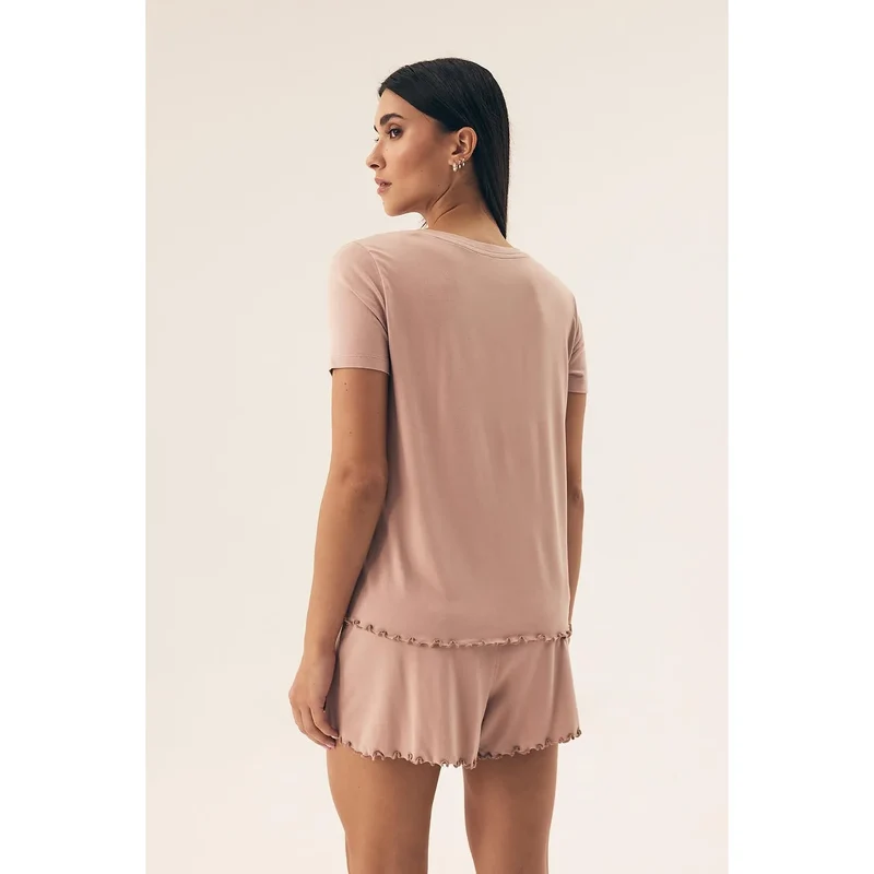 Pyjama Henderson femme élégant confortable soyeux viscose élasthanne respirant manchescourtes colV broderie short ceintureélastique ajusté léger nuitchaude