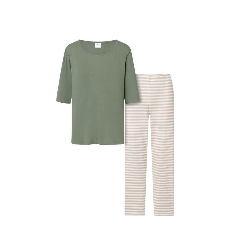 pyjama coton kaki élégant confortable haut ceinture ronde manches trois quarts pantalon rayures blanc cassé beige jambe large élastique