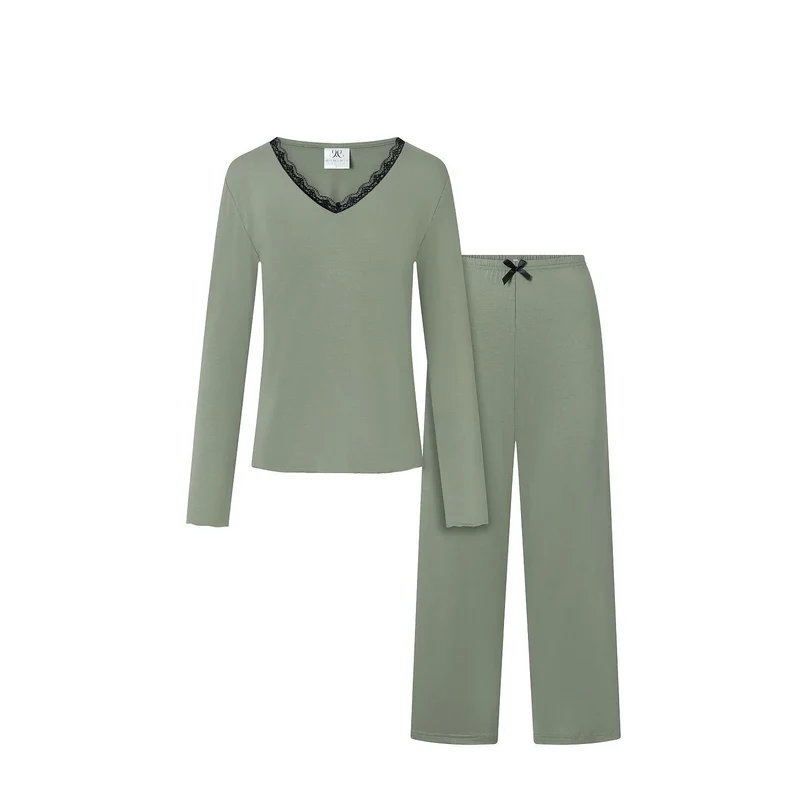 Pyjama deux pièces élégant et confortable V-neck dentelle couleurs douces tissu lisse manches longues pantalon droit taille élastique vert olive