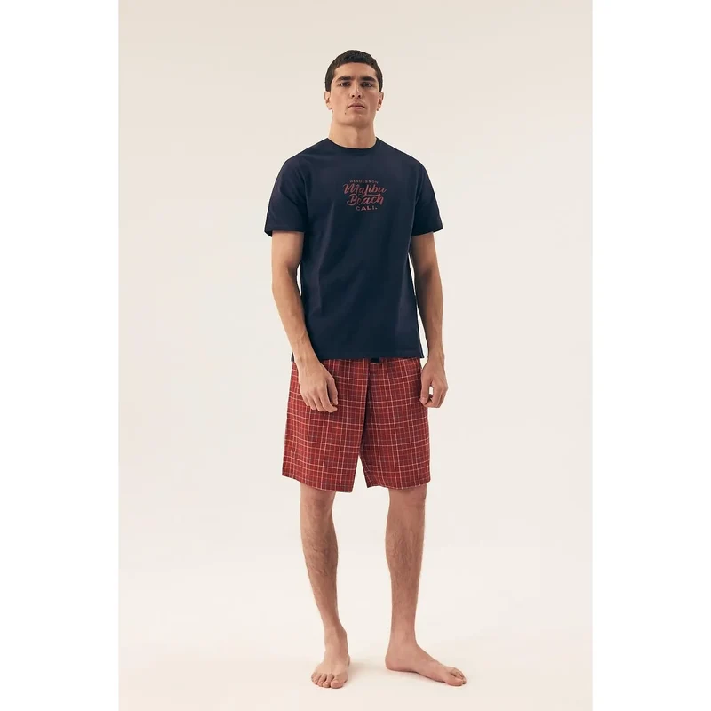 Pyjama homme élégant confortable t-shirt ample col rond short à carreaux coton respirant style décontracté Malibu Beach CALI