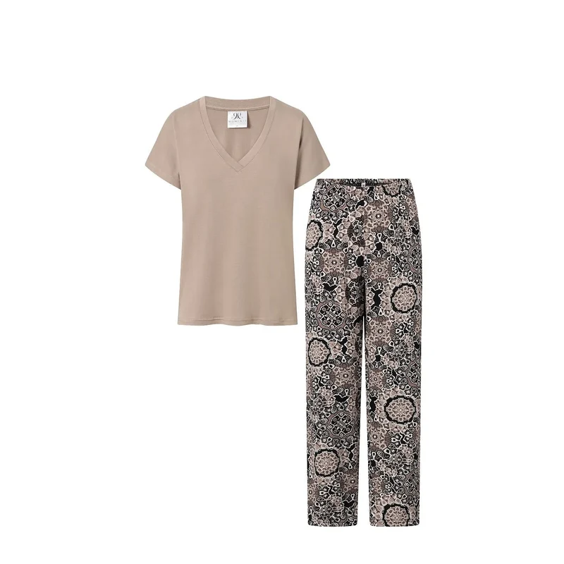 Pyjama doux confortable viscose MomentiPerMe femmes élégante manches courtes décolleté V pantalon jambe large taille élastique motif floral