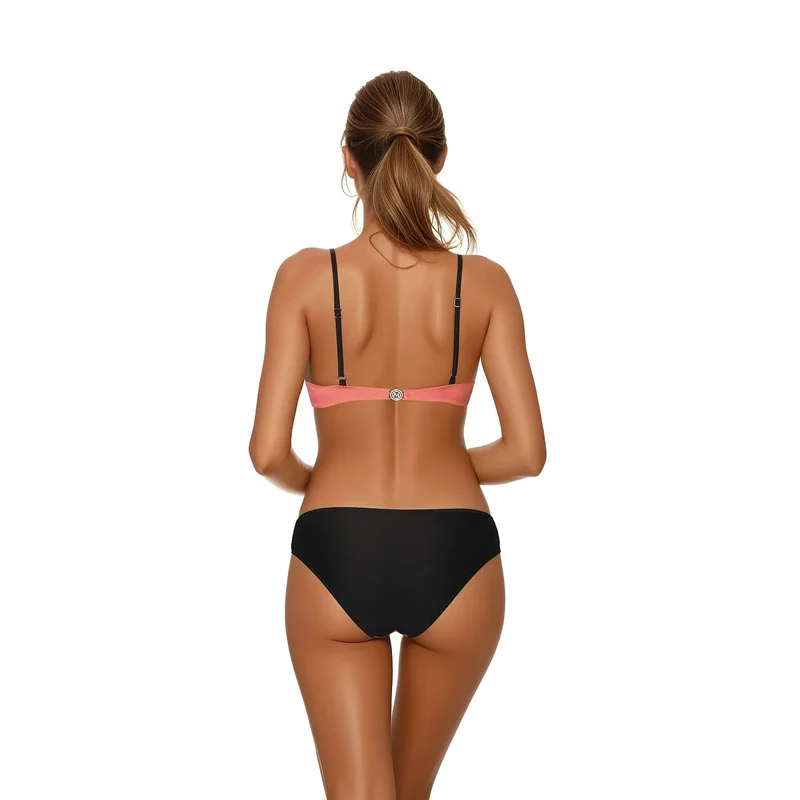 Maillot de bain deux pièces bikini push-up mesh vibrant rose noir soutien-gorge ajustable fermeture dos briefs classiques lingerie plage piscine