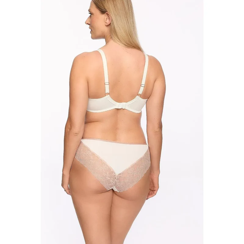 soutien gorge élégant semi rembourré dentelle florale beige armatures maintien confortable bretelles réglables agrafes multiples noeud délicat silhouette raffinée