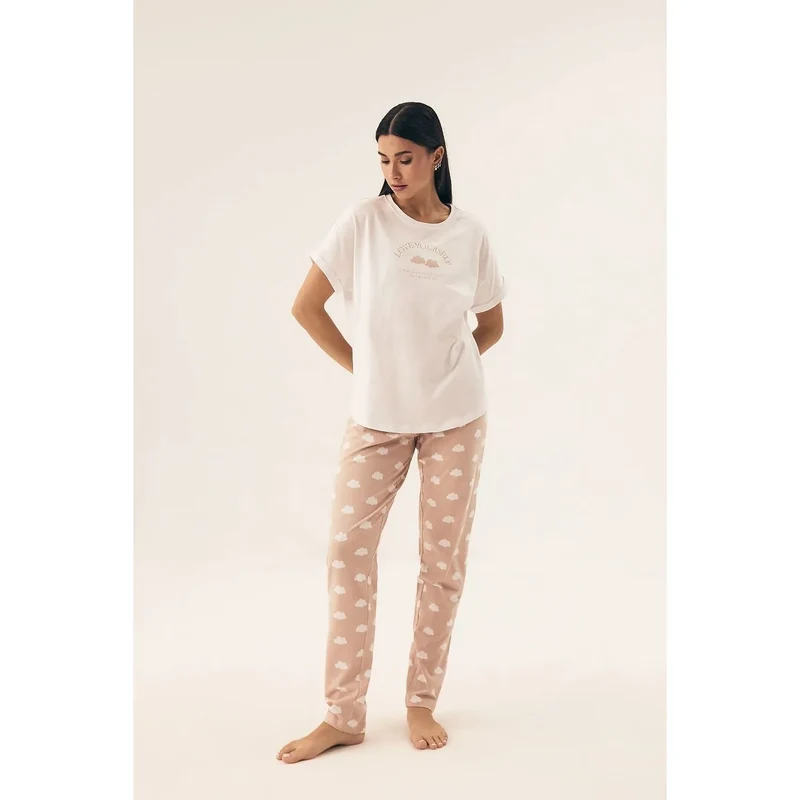 Pyjama femme confort style subtil motif nuage LOVE YOURSELF manches courtes pantalon long élastique intimité bien-être nuit détente maison