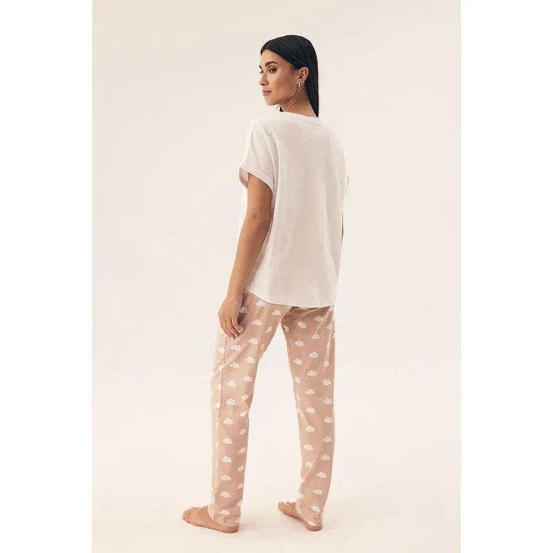 Pyjama femme confort style subtil motif nuage LOVE YOURSELF manches courtes pantalon long élastique intimité bien-être nuit détente maison