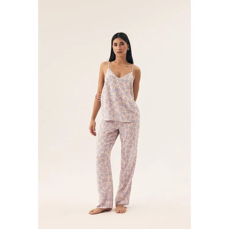 Pyjama femme élégance et confort motif floral Henderson 208600 décolleté V bretelles ajustables tissu doux respirant pantalon ample