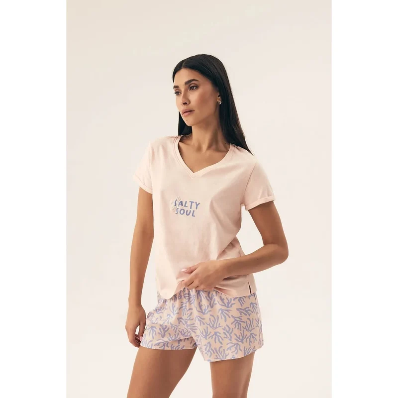 Pyjama femme confort style SALTY SOUL t-shirt short élastique motifs bleu clair détente intime relaxationewear